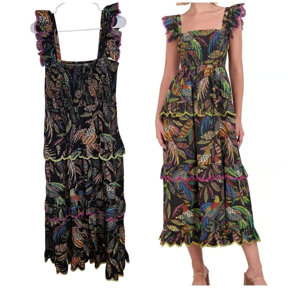 Vince Camuto Floral Bird Tropical Ruffle Sleeve Eyelet Cotton Midi Tiered Dres - Picture 1 of 11